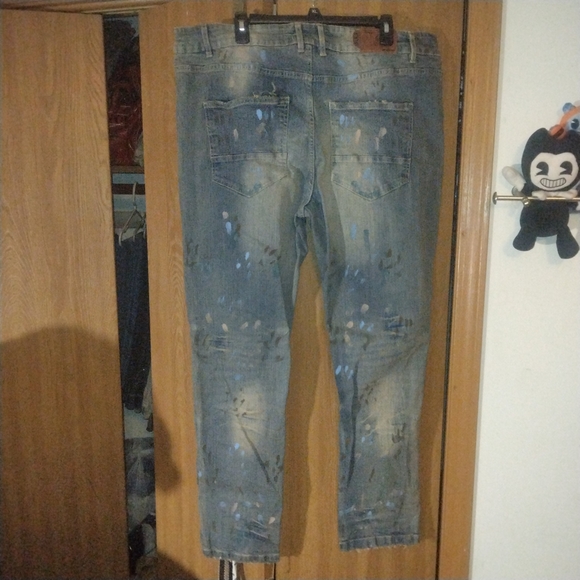 Refinery Republic Distressed Jeans - Pink And Blue Paint Splatter w/ Tan Accents - Picture 2 of 12